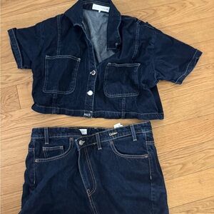 Dark Blue Denim Crop Top and Skirt Set